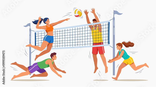 Dynamic illustration depicts the excitement of a beach volleyball match, capturing the action and camaraderie of a competitive game.