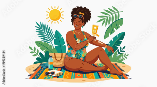 A cheerful woman enjoys a sunny day at the beach, applying sunscreen for protection and relaxation, surrounded by tropical plants, enjoying a sun-kissed getaway.