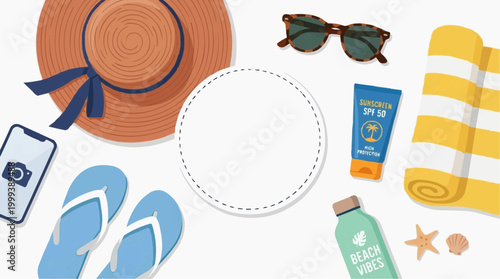 A stylish, sun-kissed collection of essentials, evoking the joy and freedom of a perfect summer day at the beach, with items arranged artfully around a central, circular space.