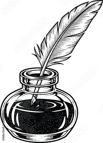 Quill pen resting in a glass inkwell with black ink during a vintage writing concept