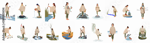 Set of vector illustrations featuring a woman in various mindfulness and outdoor activities, including yoga, hiking, and exploring nature across different seasons.