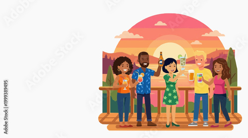 A vibrant illustration captures a joyful group of friends clinking glasses on a deck at sunset, toasting to life's special moments in a captivating artistic representation.