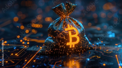 Glowing digital money bag with currency symbol on futuristic circuit. AI-generated.