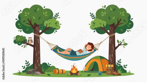 A relaxing outdoor scene depicts a person comfortably lounging in a hammock strung between two trees, beside a campfire under a tent.