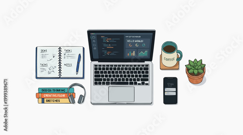 An organized workstation with essential tech gadgets like laptop, notebook, smart phone, along with a stack of books, and other objects in an aesthetically pleasing flat lay arrangement.