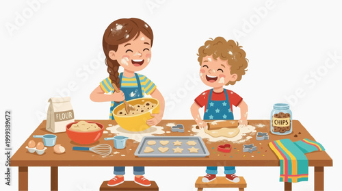 Two children have fun while baking cookies. A heartwarming illustration of a brother and sister joyfully baking cookies, creating memories and sharing the sweet delight of homemade treats. 