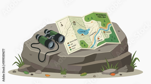 An adventurous exploration map with accompanying binoculars rests atop a rugged stone, inviting viewers on a visual quest into nature's depths.