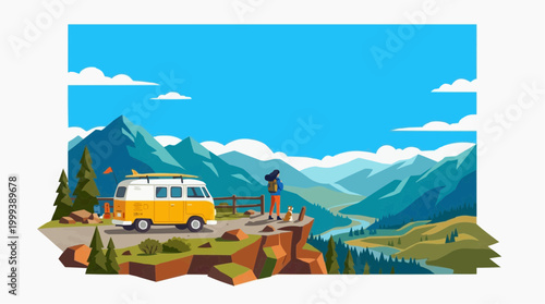 An adventurer embraces the breathtaking vista of mountains and valleys, with a vintage campervan parked nearby, embodying the spirit of wanderlust and freedom.