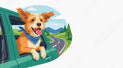An illustration of a cheerful corgi dog enjoying a road trip, with its head and ears out of a car window, surrounded by the nature and the highway.