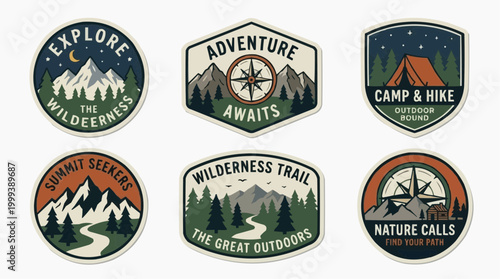 An array of vintage style badges for outdoor adventure featuring mountains, camping, and wilderness themes. These elements come together to portray a sense of exploration and the thrill of the wild.