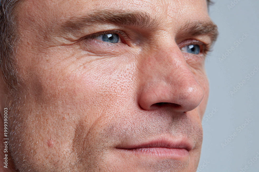 Fototapeta premium Close up male face with detailed pores, skin grain, blue eye and subtle stubble conveying contemplative emotion