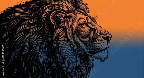 Majestic Lion Portrait Profile Majestic Mane Sunset Sky.