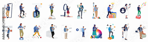 Collection of flat vector illustrations depicting UI UX designers and developers interacting with various digital interface elements, mobile apps, and creative design tools.