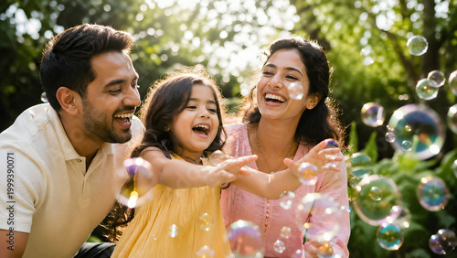 A happy family is playing with soap bubbles in the park.