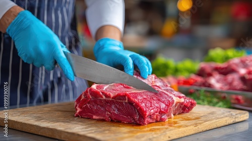 Butcher carefully slices a large piece of fresh red meat on a rustic wooden board
