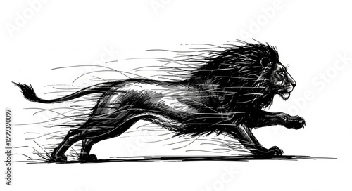 Majestic Lion Running Fast Illustration Black and White.