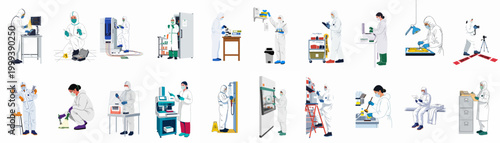 Set of forensic scientists and laboratory technicians in protective gear performing various investigative and research tasks in clinical and crime scene environments.