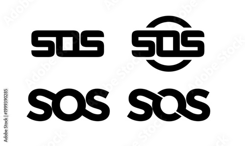 SOS Logo Design Set: Modern Stylized Black Wordmarks and Emblems on White Background