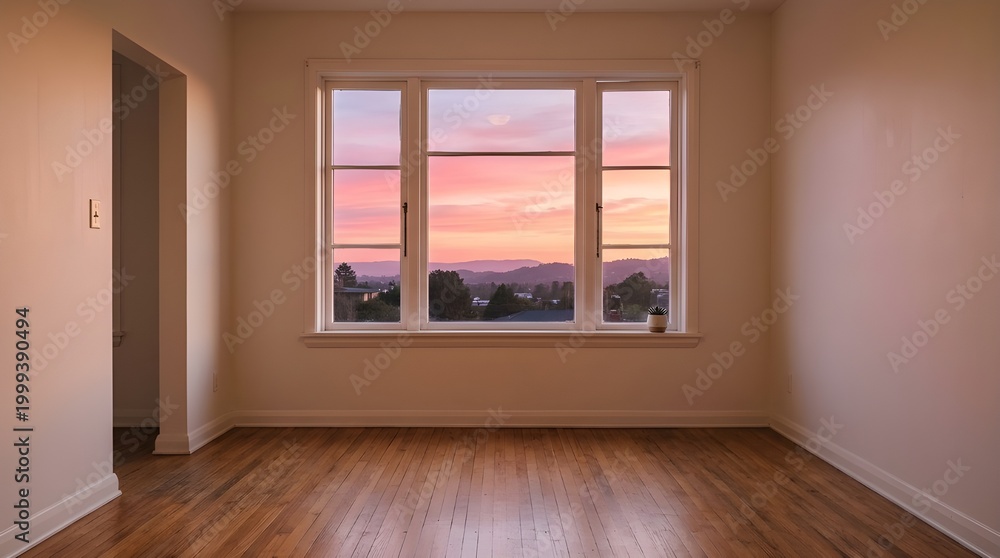 Fototapeta premium Empty Room Interior with Classic Window and Beautiful Sunset Sky View Vibrant Pink and Orange Clouds Over Mountain Horizon Warm Evening Light on Wooden Floor Real Estate Photography