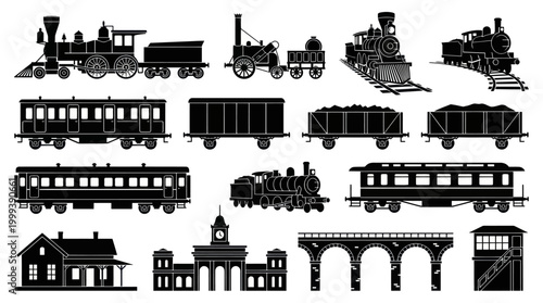 Vintage Railway Transport Silhouettes Set: Steam Trains, Carriages, Station  Bridge Icons