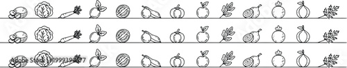 Vertical collection of simple line art icons representing fresh produce and vegetables on a white background