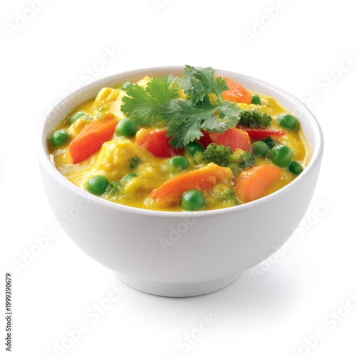 Colorful Vegetable Curry with Fresh Herbs in a White Bowl on a Bright Background
