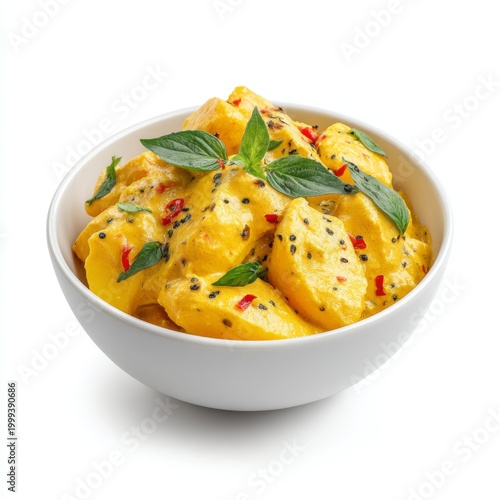 Fresh and Vibrant Yellow Potato Dish with Basil and Chili Garnish in a White Bowl