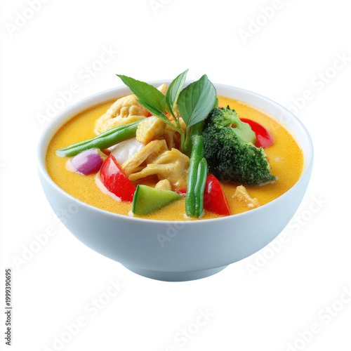 Vibrant Bowl of Colorful Coconut Curry Soup with Fresh Vegetables and Delicate Herbs