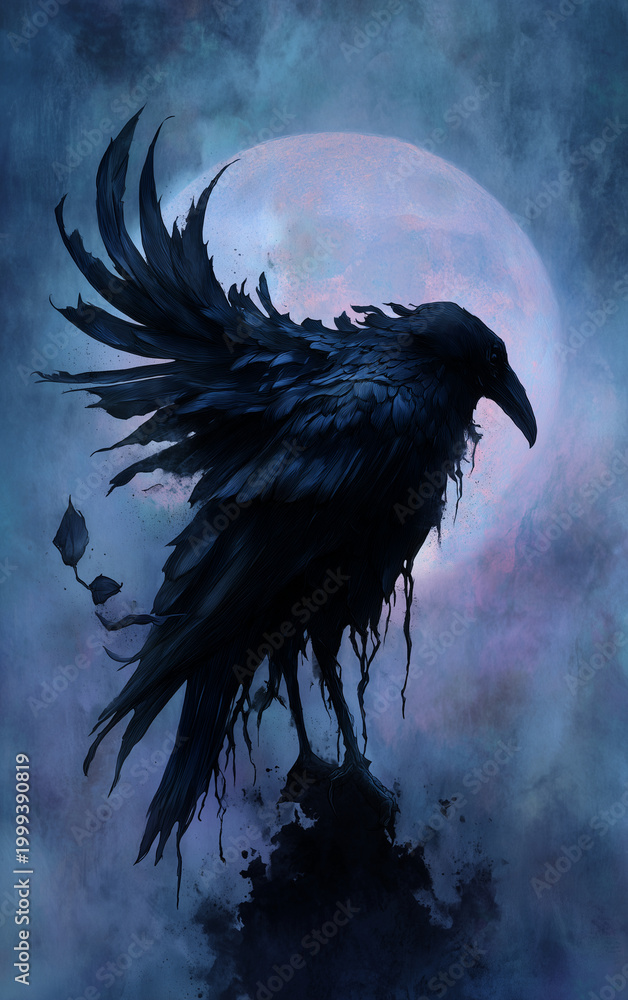 Fototapeta premium Dark raven with flowing ink like feathers dissolving into mist before a luminous full moon in deep blue night sky creating dramatic gothic fantasy atmosphere for halloween posters book covers and myst