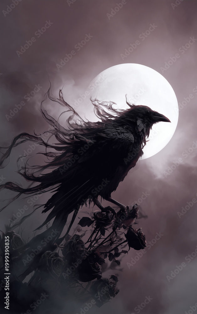 Fototapeta premium Dark raven with flowing ink like feathers dissolving into mist before a luminous full moon in deep blue night sky creating dramatic gothic fantasy atmosphere for halloween posters book covers and myst