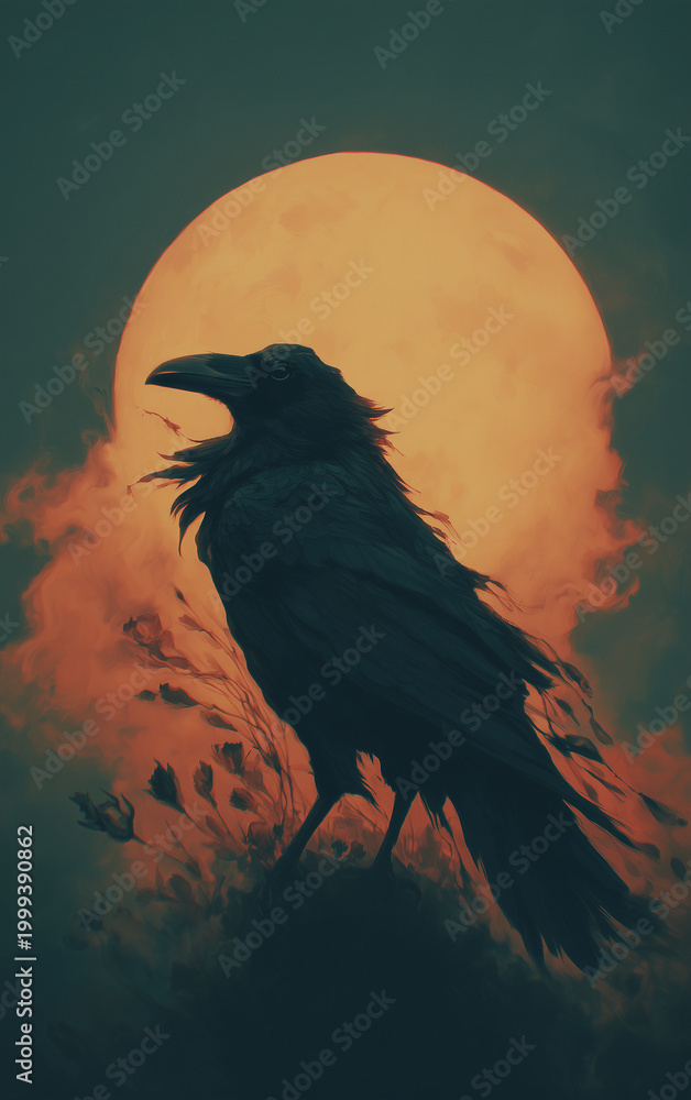 Fototapeta premium Dark raven with flowing ink like feathers dissolving into mist before a luminous full moon in deep blue night sky creating dramatic gothic fantasy atmosphere for halloween posters book covers and myst