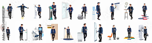 Vector illustration set featuring a young man navigating various healthcare and college campus scenarios, from check-in kiosks to dental treatment rooms.