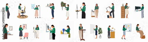 Large collection of minimalist illustrations showcasing a professional woman in various work environments, including medical, corporate, and educational settings.
