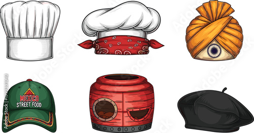 Various Chef and Cultural Hats Illustration Set: Chef Hat, Bandana, Turban, Mexican Street Food Cap, and Beret for Culinary and Cultural Designs