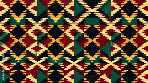 zulu. Abstract pattern of interlocking geometric triangles in Zulu colors, textile-like surface, cultural motif. event programs.