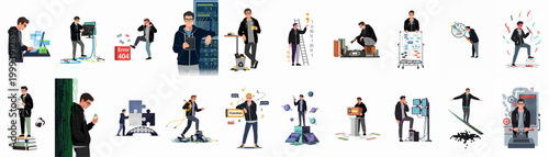 Collection of eighteen vector illustrations featuring a male software developer performing various IT tasks, coding, debugging, and managing server infrastructure.