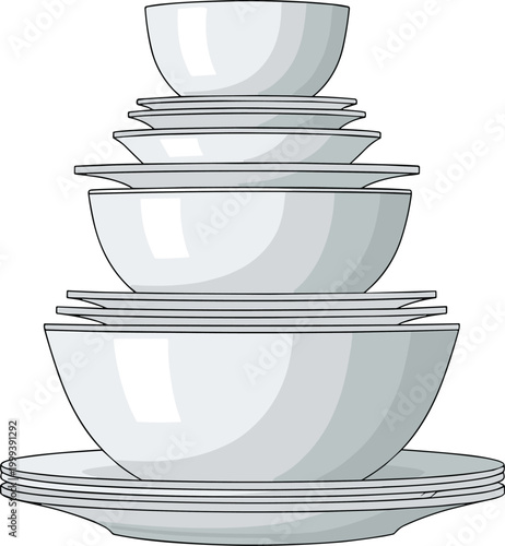 Stack of white bowls and plates in a neat tower