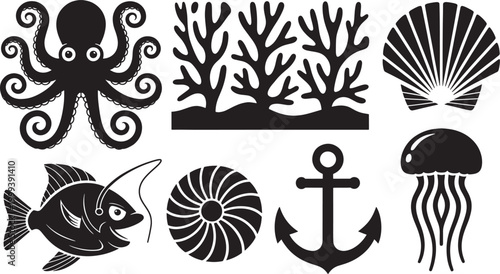 Collection of marine life and sea creatures in black silhouette on transparent background.
