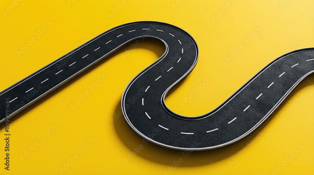 Fototapeta premium Minimalist winding road on a yellow background representing a business roadmap and the journey to success.