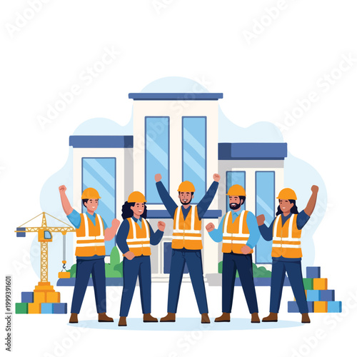 Diverse construction workers celebrating success with raised fists in front of a modern building and crane