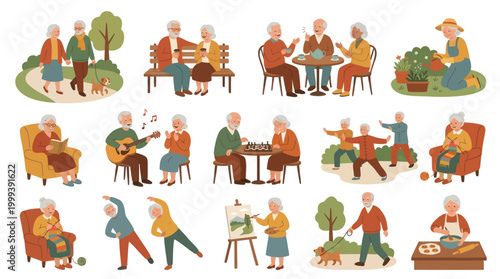 Elderly People Activities Flat Illustration - Retirement Lifestyle Vector