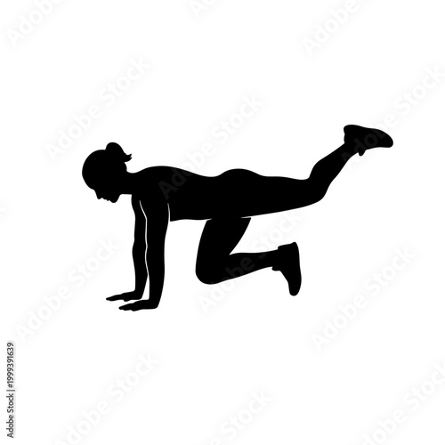 Silhouette of a woman performing a donkey kick exercise on a white background, focusing on gluteal muscles.
