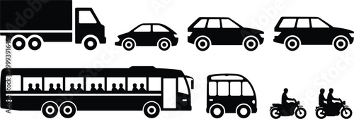 Silhouettes of various transportation vehicles including truck cars bus motorcycles