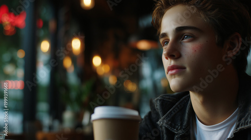 Young male teenager thoughtfully gazing while holding coffee in cafe  