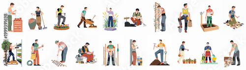 Collection of male characters performing various gardening and landscaping tasks while wearing supportive back braces for safety and ergonomic body protection.