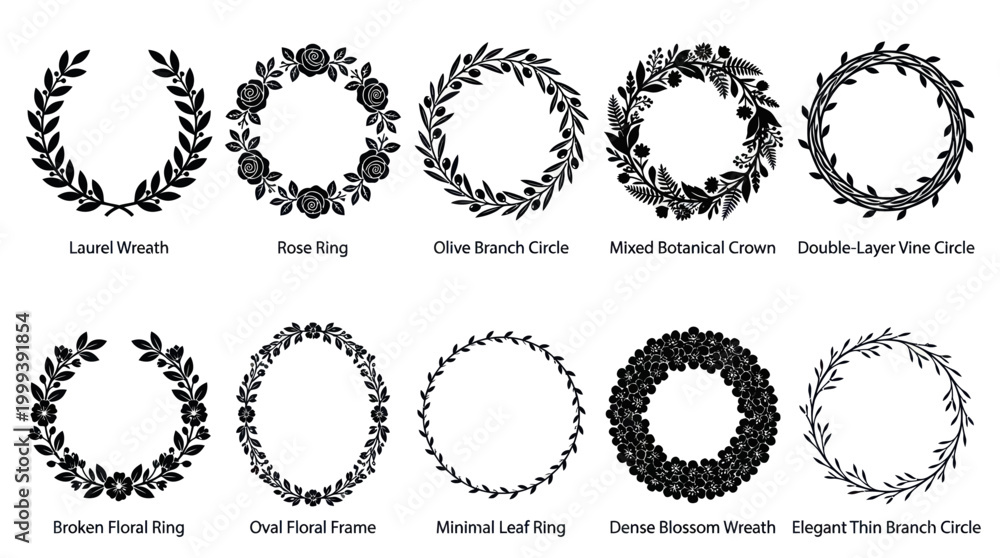Obraz premium Black and White Floral Wreaths and Circles Vector Set