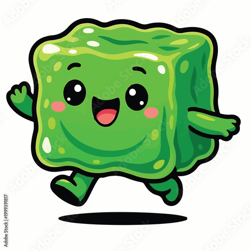 Cute Kawaii Running Green Slime Jelly Cube Cartoon Character Sticker Design, Funny Happy Squishy Blob Illustration, Adorable Gamer Slime Art for Kids and Gaming Lovers