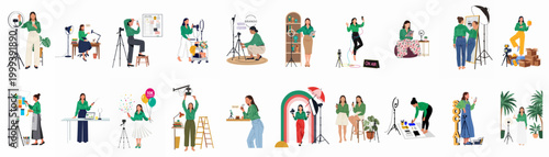 Collection of flat vector illustrations depicting female content creators, social media influencers, and bloggers working in various professional and home studio settings.
