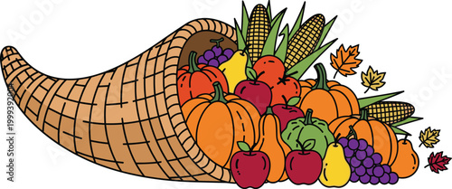 Vibrant cornucopia overflowing with fresh fruits and vegetables