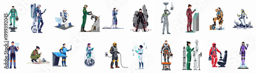 Set of futuristic characters in sci-fi uniforms and space suits interacting with advanced technology, robotics, and holographic interfaces on white background.